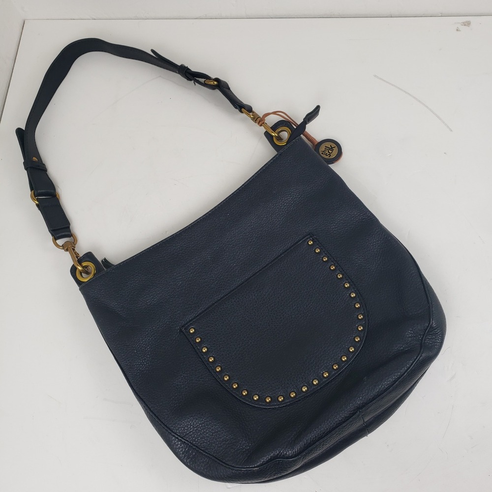 The Sak Black Pebbled Leather Studded Hobo Shoulder Bag Purse Antique Brass